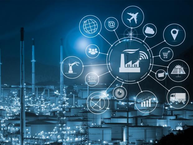 Connected industrial plant at night